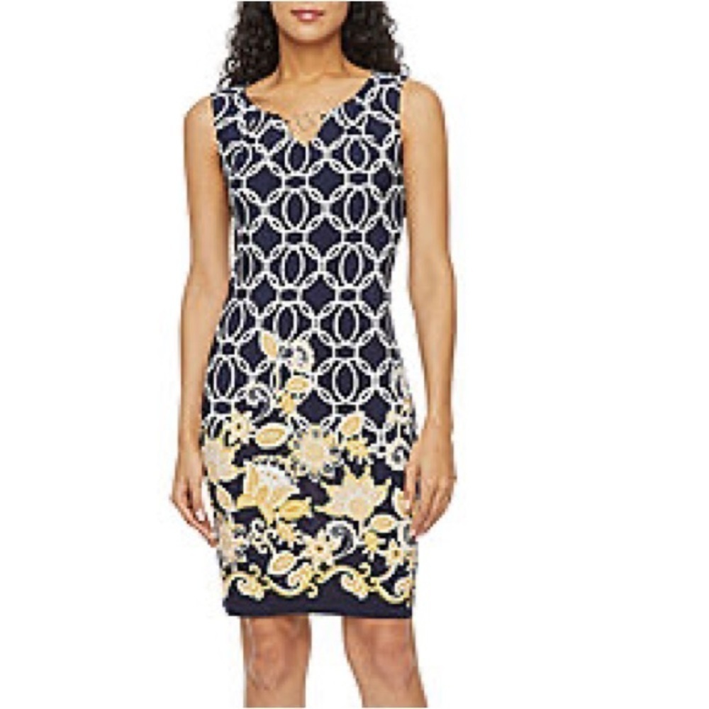 R&K Blue And Yellow Floral Sleeveless V-Neck Midi Dress Size 16